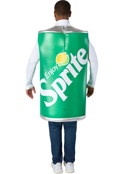 Back of man in the Adults Sprite Can Costume Featuring a foam-backed tunic costume shaped like a Sprite soda can with a bright green exterior, all-over condensation droplet graphics, a large angled Sprite logo with lemon-lime icon and Enjoy Sprite text, metallic silver top and bottom bands to resemble a can lid and base, and a sleeveless design that slips on over clothing for a boxy, structured silhouette.