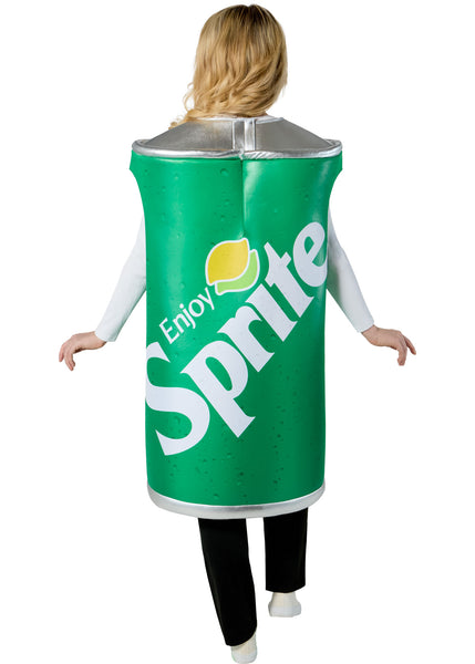 Back of woman in the Adults Sprite Can Costume Featuring a foam-backed tunic costume shaped like a Sprite soda can with a bright green exterior, all-over condensation droplet graphics, a large angled Sprite logo with lemon-lime icon and Enjoy Sprite text, metallic silver top and bottom bands to resemble a can lid and base, and a sleeveless design that slips on over clothing for a boxy, structured silhouette.