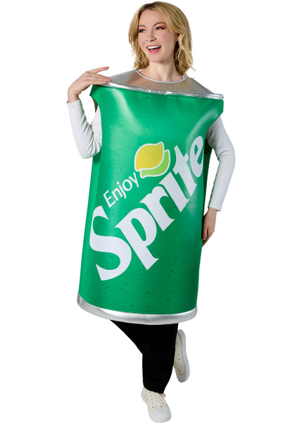 Woman in the Adults Sprite Can Costume Featuring a foam-backed tunic costume shaped like a Sprite soda can with a bright green exterior, all-over condensation droplet graphics, a large angled Sprite logo with lemon-lime icon and Enjoy Sprite text, metallic silver top and bottom bands to resemble a can lid and base, and a sleeveless design that slips on over clothing for a boxy, structured silhouette.