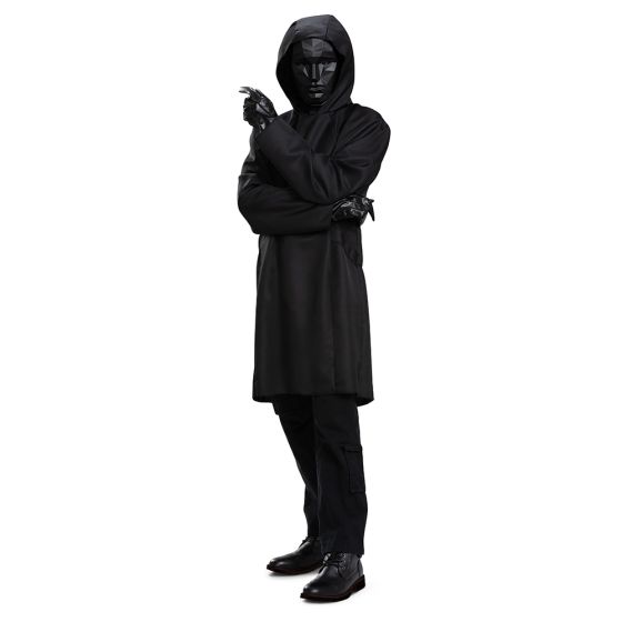 Man posing in the Adults Squid Games Deluxe Front Man Costume Featuring a black hooded jacket with a long, straight silhouette and an attached hood, this costume includes a pair of black gloves with a smooth, faux leather appearance and a molded black mask designed with angular, faceted geometric detailing across the surface. The mask includes defined eye openings and is secured with an elastic strap.