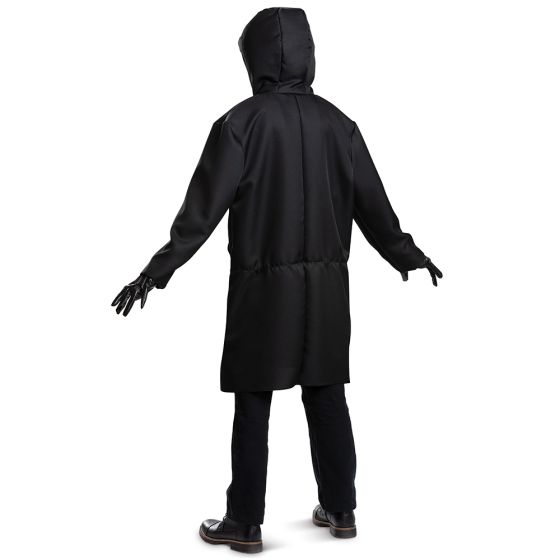 Back of Adults Squid Games Deluxe Front Man Costume Featuring a black hooded jacket with a long, straight silhouette and an attached hood, this costume includes a pair of black gloves with a smooth, faux leather appearance and a molded black mask designed with angular, faceted geometric detailing across the surface. The mask includes defined eye openings and is secured with an elastic strap.