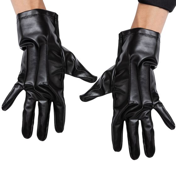 Gloves from the Adults Squid Games Deluxe Front Man Costume Featuring a black hooded jacket with a long, straight silhouette and an attached hood, this costume includes a pair of black gloves with a smooth, faux leather appearance and a molded black mask designed with angular, faceted geometric detailing across the surface. The mask includes defined eye openings and is secured with an elastic strap.