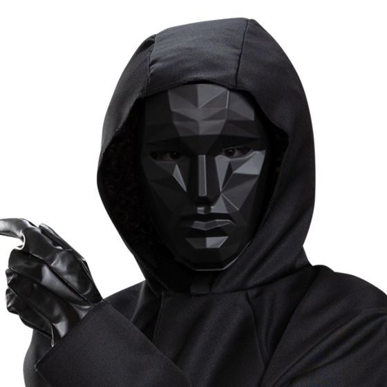 Close up of the mask in the Adults Squid Games Deluxe Front Man Costume Featuring a black hooded jacket with a long, straight silhouette and an attached hood, this costume includes a pair of black gloves with a smooth, faux leather appearance and a molded black mask designed with angular, faceted geometric detailing across the surface. The mask includes defined eye openings and is secured with an elastic strap.