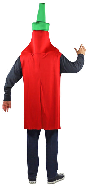 Back view of Man in the Adults Sriracha Hot Chili Sauce Costume Featuring a red polyester tunic designed to resemble a classic Sriracha hot chili sauce bottle, with a tapered top and an attached green nozzle cap, printed on the front with detailed white label graphics including text and rooster emblem, along with a face opening near the top and wide arm openings at the sides for easy wear.