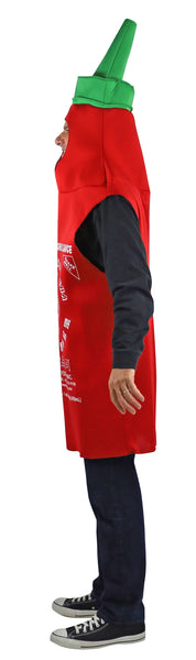 Side view of Man in the Adults Sriracha Hot Chili Sauce Costume Featuring a red polyester tunic designed to resemble a classic Sriracha hot chili sauce bottle, with a tapered top and an attached green nozzle cap, printed on the front with detailed white label graphics including text and rooster emblem, along with a face opening near the top and wide arm openings at the sides for easy wear.
