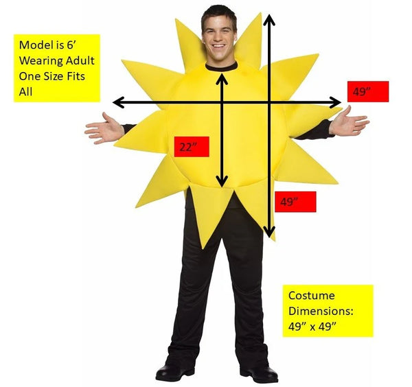 Adults Sunny Day Giant Yellow Sun Costume, size chart and measurements