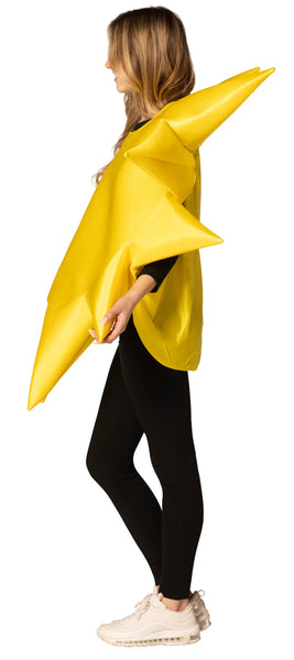 Side view of Woman in the Adults Sunny Day Giant Yellow Sun Costume Featuring a bright yellow polyfoam tunic designed in a circular sun shape with a smooth fabric surface and dimensional structure. The costume includes multiple pointed rays extending outward around the perimeter, along with a central round panel and side openings for arms. 