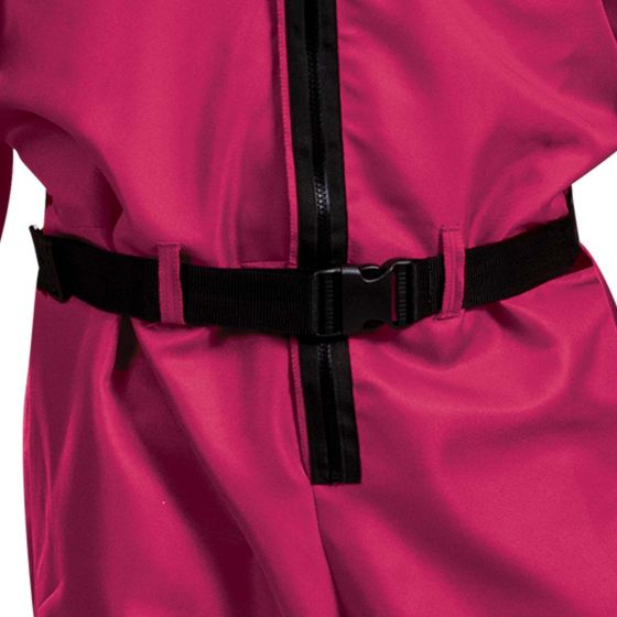 A close-up of a bright pink jumpsuit with a black waist belt and central zipper.