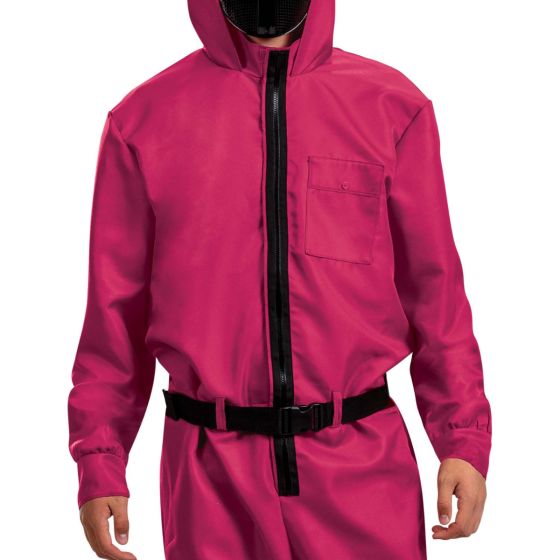 A bright pink hooded jumpsuit or costume coverall with a black front zipper, black chest pocket, and black waist belt