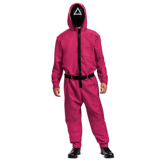 Man wearing pink Squid Games  jumpsuits with black belts and triangle masks
