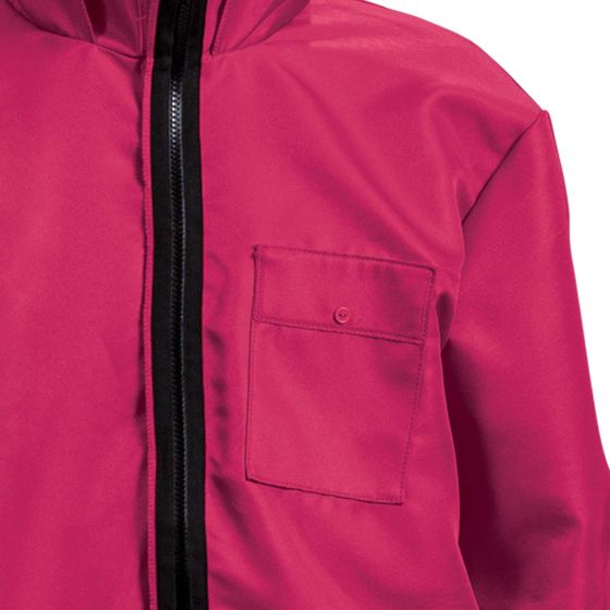 Close-up of a pink jacket with a black zipper and pocket 