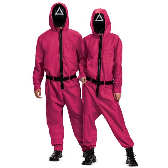 Two people wearing pink Squid Games  jumpsuits with black belts and triangle masks