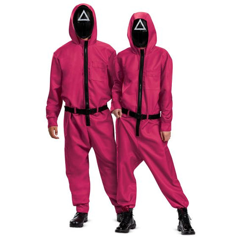 Two people wearing pink Squid Games  jumpsuits with black belts and triangle masks