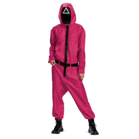 Woman wearing pink Squid Games  jumpsuits with black belts and triangle masks