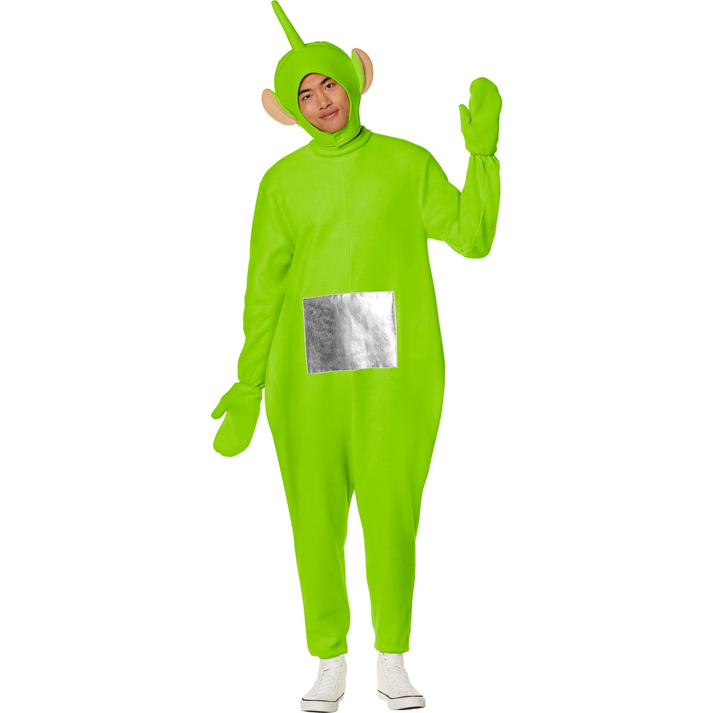 Man posing in the Adults Teletubbies Dipsy Costume Featuring a bright green full-body jumpsuit with a smooth, soft-textured finish and a silver square panel on the front, paired with matching green mittens and a hood designed with rounded ears and a straight antenna