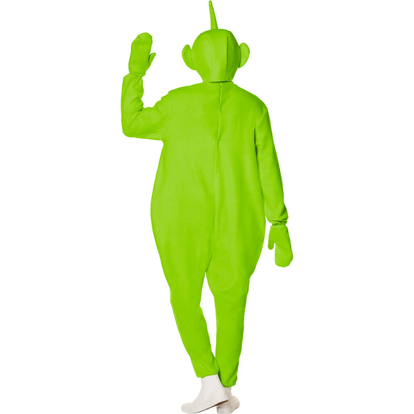 Back of man posing in the Adults Teletubbies Dipsy Costume Featuring a bright green full-body jumpsuit with a smooth, soft-textured finish and a silver square panel on the front, paired with matching green mittens and a hood designed with rounded ears and a straight antenna