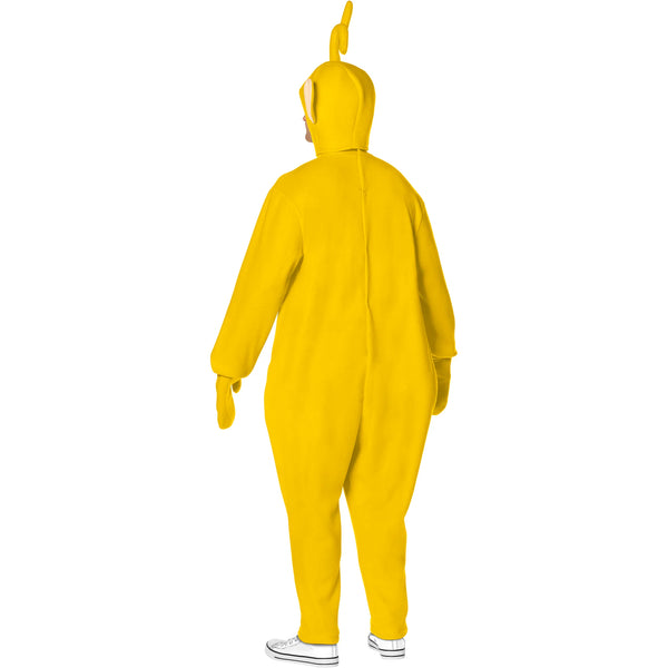 Back of man in the Adults Teletubbies Laa-Laa Costume Featuring a bright yellow full-body jumpsuit with a soft, smooth fabric finish and a silver square panel on the front, paired with matching yellow mittens and a hood designed with rounded ears and a curly antenna