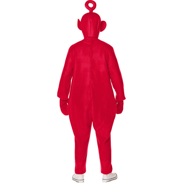 Back of Man in the Adults Teletubbies Po Costume Featuring a full-body red jumpsuit with a smooth, soft fabric finish and a silver square panel on the front, paired with matching red mittens and a hood designed with rounded ears and a circular antenna