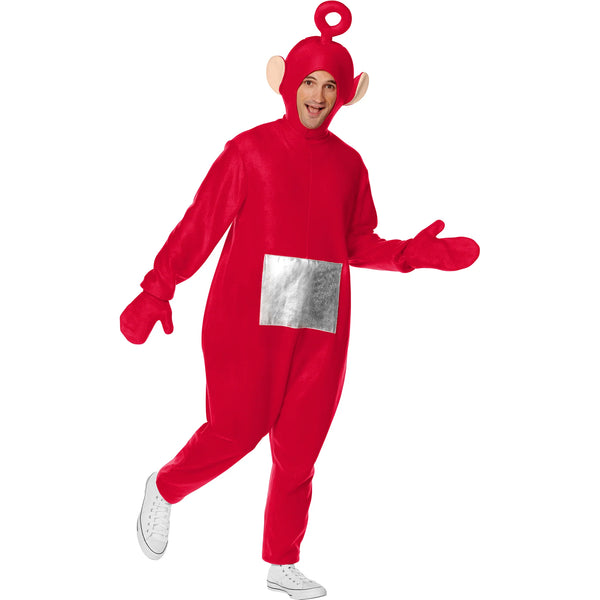 Man in the Adults Teletubbies Po Costume Featuring a full-body red jumpsuit with a smooth, soft fabric finish and a silver square panel on the front, paired with matching red mittens and a hood designed with rounded ears and a circular antenna
