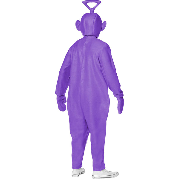 Back of Man in the Adults Teletubbies Tinky Winky Costume Featuring a full-body purple jumpsuit with a soft, smooth fabric finish and a silver square panel on the front, paired with attached matching mittens and a hood designed with rounded ears and a triangular antenna