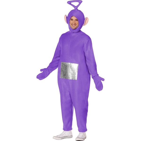 Man in the Adults Teletubbies Tinky Winky Costume Featuring a full-body purple jumpsuit with a soft, smooth fabric finish and a silver square panel on the front, paired with attached matching mittens and a hood designed with rounded ears and a triangular antenna