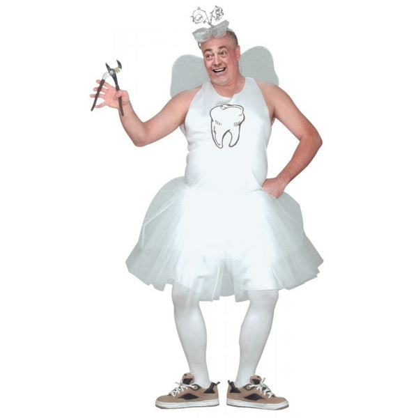 Man posing in the Adults Tooth Fairy Costume featuring a playful all‑white ensemble that includes a sleeveless tank top designed with a cartoon tooth graphic printed at the center of the chest paired with white shorts and a tutu skirt, a headband topped with decorative tooth accents, and a set of small translucent wings worn on the back, completing the whimsical “fairy” silhouette.
