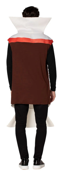 Back view of Man in the Adults Tootsie Roll Costume Featuring a foam tunic designed to resemble a wrapped Tootsie Roll candy, with a brown body section, bold white printed Tootsie Roll logo across the front, and red accent bands at the top and bottom, finished with white twisted wrapper-style ends at the neck and hem, paired with a smooth polyknit back