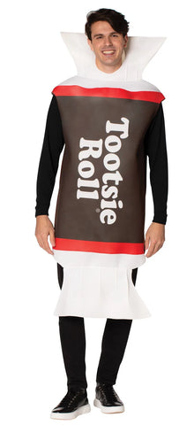 Man in the Adults Tootsie Roll Costume Featuring a foam tunic designed to resemble a wrapped Tootsie Roll candy, with a brown body section, bold white printed Tootsie Roll logo across the front, and red accent bands at the top and bottom, finished with white twisted wrapper-style ends at the neck and hem, paired with a smooth polyknit back
