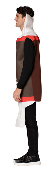 Side view of Man in the Adults Tootsie Roll Costume Featuring a foam tunic designed to resemble a wrapped Tootsie Roll candy, with a brown body section, bold white printed Tootsie Roll logo across the front, and red accent bands at the top and bottom, finished with white twisted wrapper-style ends at the neck and hem, paired with a smooth polyknit back
