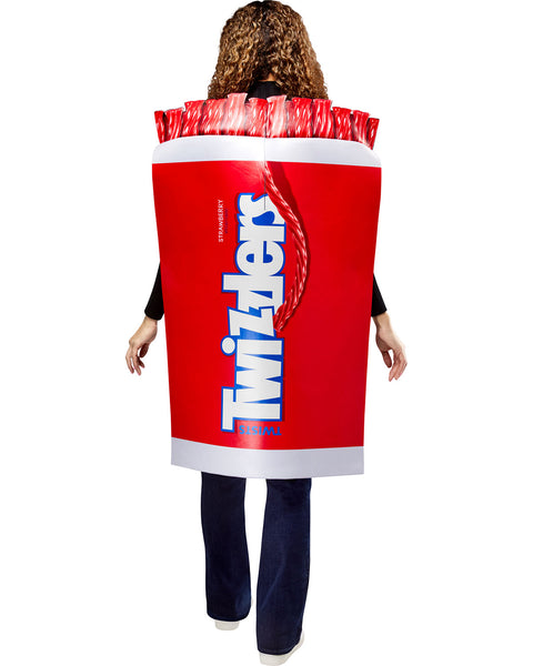 Back of woman in the Adults Twizzlers Candy Costume Featuring a foam-backed tunic costume styled to resemble a Twizzlers candy package, with a bold red wrapper design, oversized white Twizzlers logo centered across the front, printed strawberry flavor labeling, realistic red licorice twists detail along the top edge, white band accents at the top and bottom to mimic packaging, and an easy slip-on, sleeveless construction with side ties for an adjustable fit.