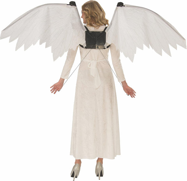 Back of woman modeling the White Mechanical Angel Wings which feature semi‑translucent fabric panels layered over structured supports, creating a realistic feather‑inspired silhouette with subtle vein detailing throughout; mounted to a black mechanical‑style harness worn on the back with visible framework and hinge components. The wings are controlled with hand‑held pull loops connected by thin cords