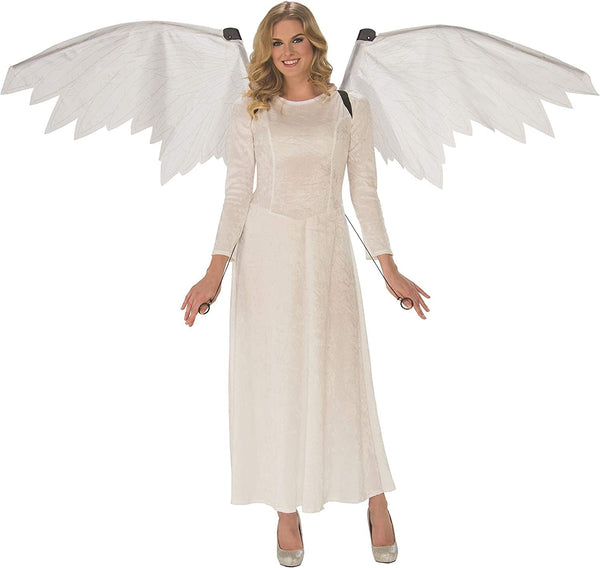 Woman modeling the White Mechanical Angel Wings which feature semi‑translucent fabric panels layered over structured supports, creating a realistic feather‑inspired silhouette with subtle vein detailing throughout; mounted to a black mechanical‑style harness worn on the back with visible framework and hinge components. The wings are controlled with hand‑held pull loops connected by thin cords