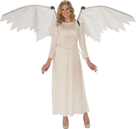 Woman modeling the White Mechanical Angel Wings which feature semi‑translucent fabric panels layered over structured supports, creating a realistic feather‑inspired silhouette with subtle vein detailing throughout; mounted to a black mechanical‑style harness worn on the back with visible framework and hinge components. The wings are controlled with hand‑held pull loops connected by thin cords