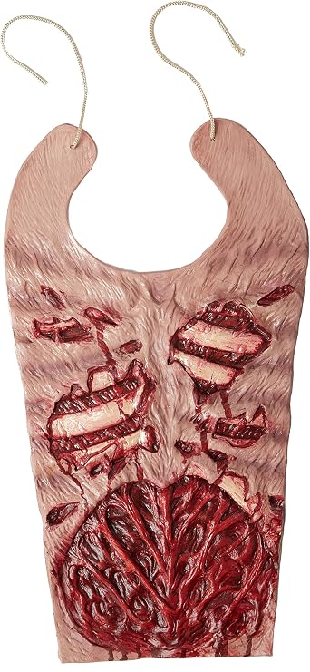 Adults Zombie Chest Costume Accessory Featuring a molded chest panel designed to resemble exposed ribs and internal organs with realistic sculpted detailing and a red and flesh-toned color scheme, complete with attached ties that secure around the neck for easy wear over clothing.