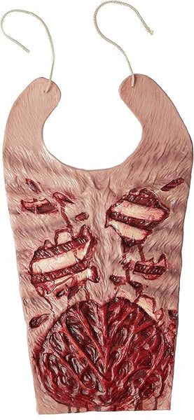 Adults Zombie Chest Costume Accessory Featuring a molded chest panel designed to resemble exposed ribs and internal organs with realistic sculpted detailing and a red and flesh-toned color scheme, complete with attached ties that secure around the neck for easy wear over clothing.