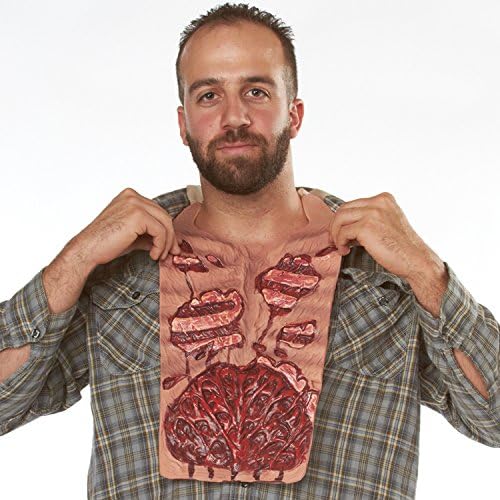 Man placing the Adults Zombie Chest Costume Accessory Featuring a molded chest panel designed to resemble exposed ribs and internal organs with realistic sculpted detailing and a red and flesh-toned color scheme, complete with attached ties that secure around the neck for easy wear over clothing.