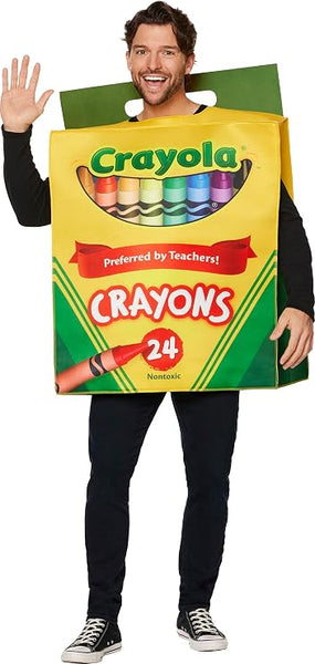 Man waving in the Adults Crayola Crayon Box Costume Featuring a foam box-style costume designed to resemble a classic Crayola crayon package, with a bright yellow front panel, green top section with a handle cutout, printed Crayola logo across the top, an open window graphic displaying multicolored crayons, and additional printed details including a red banner and crayon graphics along the lower portion for a bold, rectangular, wearable design.