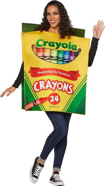 Woman posing in the Adults Crayola Crayon Box Costume Featuring a foam box-style costume designed to resemble a classic Crayola crayon package, with a bright yellow front panel, green top section with a handle cutout, printed Crayola logo across the top, an open window graphic displaying multicolored crayons, and additional printed details including a red banner and crayon graphics along the lower portion for a bold, rectangular, wearable design.