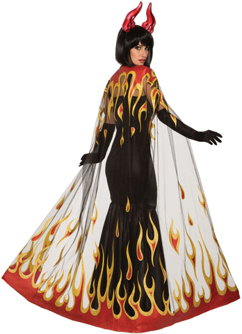 Woman posing in the Adults Hell Fire Cape Costume Accessory
Featuring a full‑length lightweight cape with a dramatic flame‑inspired print, blending deep black tones with vivid red, orange, and yellow fire graphics that ripple across the fabric and tie‑neck closure, wearing devil horns, sold separately