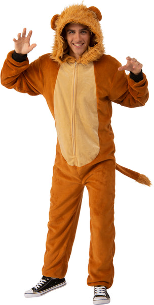 Man posing in the Adults Lion Comfy Wear Onesie Costume Jumpsuit Featuring a full-length brown plush jumpsuit made from soft, fleece-like fabric with a lighter tan belly panel, a front zipper closure for easy wear, an attached hood designed with rounded lion ears and a faux fur mane trim, elastic cuffs at the wrists and ankles, and a stuffed tail with a tufted end extending from the back.