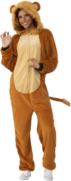 Woman posing in the Adults Lion Comfy Wear Onesie Costume Jumpsuit 
Featuring a full-length brown plush jumpsuit made from soft, fleece-like fabric with a lighter tan belly panel, a front zipper closure for easy wear, an attached hood designed with rounded lion ears and a faux fur mane trim, elastic cuffs at the wrists and ankles, and a stuffed tail with a tufted end extending from the back.