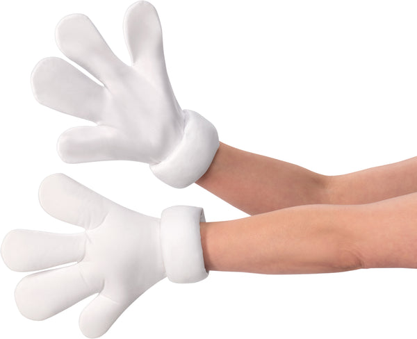 Looney Tunes Cartton Gloves featuring an oversized pair of classic white cartoon gloves crafted from smooth, padded fabric with exaggerated rounded fingers and thick, plush cuffs at the wrists; designed with a soft, inflated shape that keeps each finger distinctly separated and slightly curved, recreating the iconic animated hand style associated with Bugs Bunny and classic Looney Tunes characters