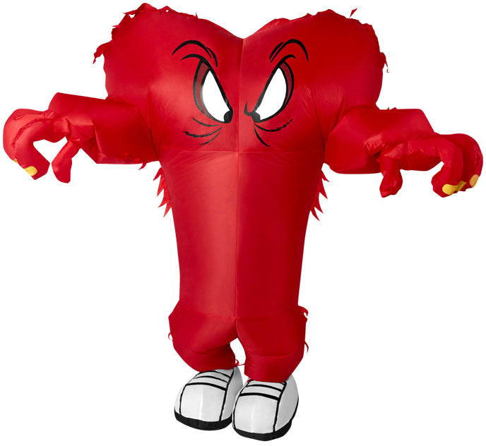 Adults Looney Tunes Inflatable Gossamer Costume featuring an inflatable bright red full‑body suit designed to recreate hulking shape of Gossamer from Looney Tunes, with an oversized rounded torso and extended arms. The front is printed with Gossamer’s signature large, expressive eyes set into the chest area, while jagged, furry‑looking edges along the sleeves and shoulders mimic the character’s wild, fuzzy outline. The costume includes oversized red hands with curved fingers and attached shoe covers