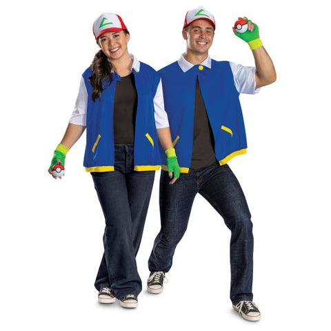 Woman and Man in the Adults Pokémon Ash Ketchum Costume Kit Featuring a blue sleeveless jacket with yellow trim and front pocket accents layered over a white short-sleeve shirt design, this costume kit includes a red and white cap with a green emblem on the front, a pair of green fingerless gloves, and a foam Poké Ball accessory