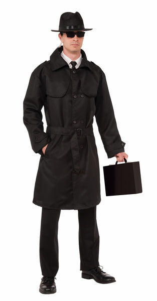Person wearing the Adults Secret Agent Trench Costume Coat, hat, sunglasses and holding a briefcase. Accessories available separately