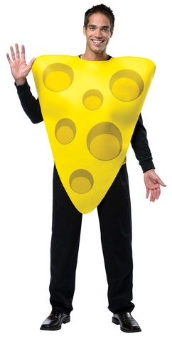 Man in the Adults Slice of Cheese Costume Featuring a yellow poly-foam tunic shaped like a triangular slice of cheese, designed with a wide top and tapered point at the bottom, detailed with multiple circular hole graphics across the front surface, and a lightweight slip-on construction that fits over the head with open sides for arms and a smooth yellow back panel.