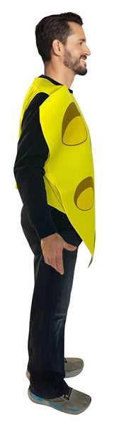 Side view of Man in the Adults Slice of Cheese Costume Featuring a yellow poly-foam tunic shaped like a triangular slice of cheese, designed with a wide top and tapered point at the bottom, detailed with multiple circular hole graphics across the front surface, and a lightweight slip-on construction that fits over the head with open sides for arms and a smooth yellow back panel.