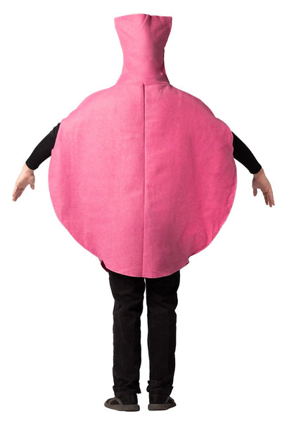 Back view of man in the Adults Whoopee Cushion Costume Featuring a one-piece oversized cushion-shaped tunic in a pink felt-like fabric with a rounded, inflated silhouette and a tall nozzle-style top. The front displays printed black artwork including the words woopie cushion and a cartoon-style illustration with small text details and graphic elements. The design includes a face opening at the upper center and wide side openings for arms
