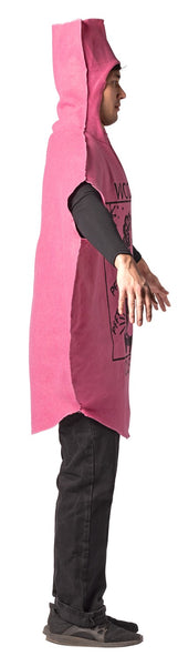 Side view of man in the Adults Whoopee Cushion Costume Featuring a one-piece oversized cushion-shaped tunic in a pink felt-like fabric with a rounded, inflated silhouette and a tall nozzle-style top. The front displays printed black artwork including the words woopie cushion and a cartoon-style illustration with small text details and graphic elements. The design includes a face opening at the upper center and wide side openings for arms