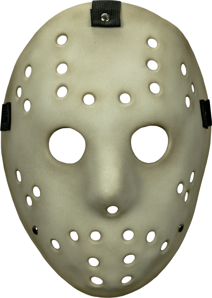 Aged Antique Killer Hockey Goalie Injection Costume Mask features an injection molded distressed hockey goalie‑style faceplate with a 3-way elastic strap, front view